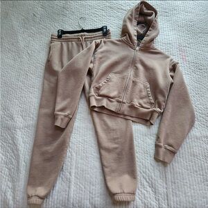 Aritzia TNA Cozy fleece boyfriend hooded full zip cropped jacket and sweatpants